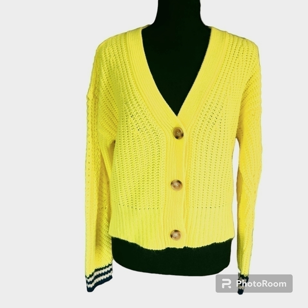Skies are Blue Sz S Neon Butter Yellow Shaker Style Cropped Cardigan